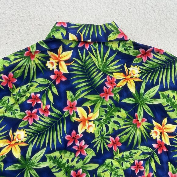 Caribou Hawaiian Shirt Women 1X Green Blue Pink Floral Button Up Shoulder Pads - Picture 11 of 12